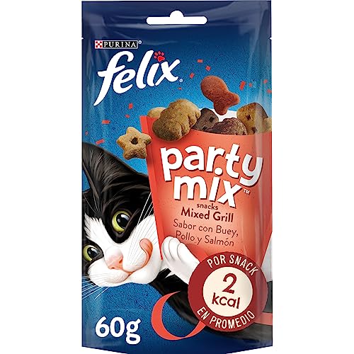 Purina Felix Party Mix Grill, Snack, Premio para Gato con Buey, Pollo y Salmón, Bolsa de 60g