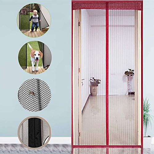 Preisvergleich Produktbild Super leise verstärkte magnetische Fliegengittertür, Hochleistungs-Magic Tape Mesh Vorhanggitter Anti-Mückenschädling Türvorhang Auto Closer-Rotwein 90x190cm (35x75inch)