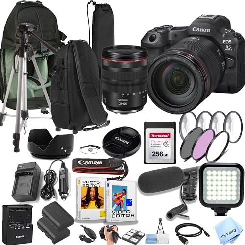 Canon EOS R5 Mark II 45 MP Full-Frame Camera with 24-105mm L is USM Lens + Sling Backpack + 256GB CFexpress 820 Type B Memory Card + Video Light + Microphone + More (Pro Video Bundle) (Renewed)