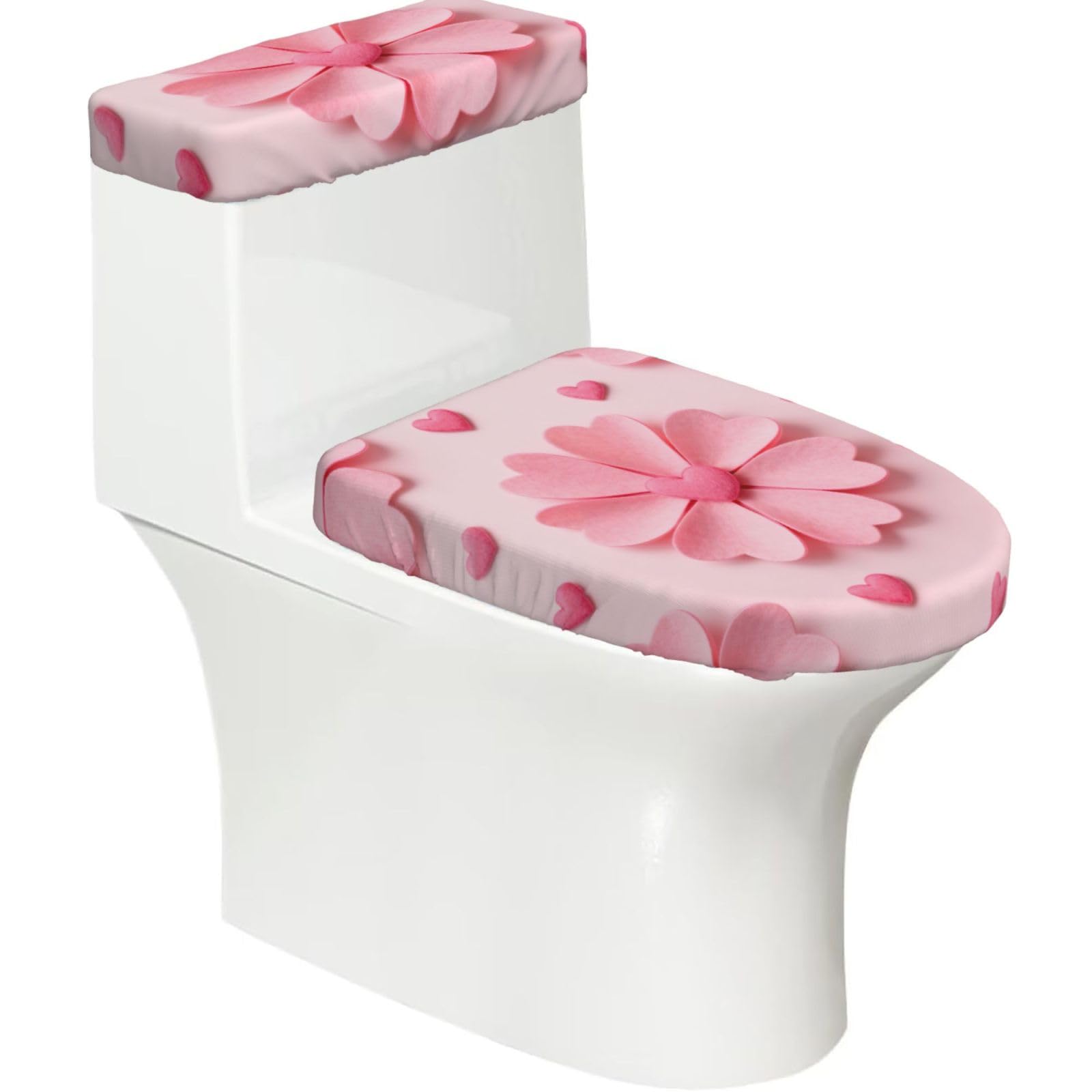 Heart Flower Seamless Elastic Toilet Cover Set of 2-Stretchy Lid and Tank Covers for Bathroom, Soft Washable U Shape Toilet Decor