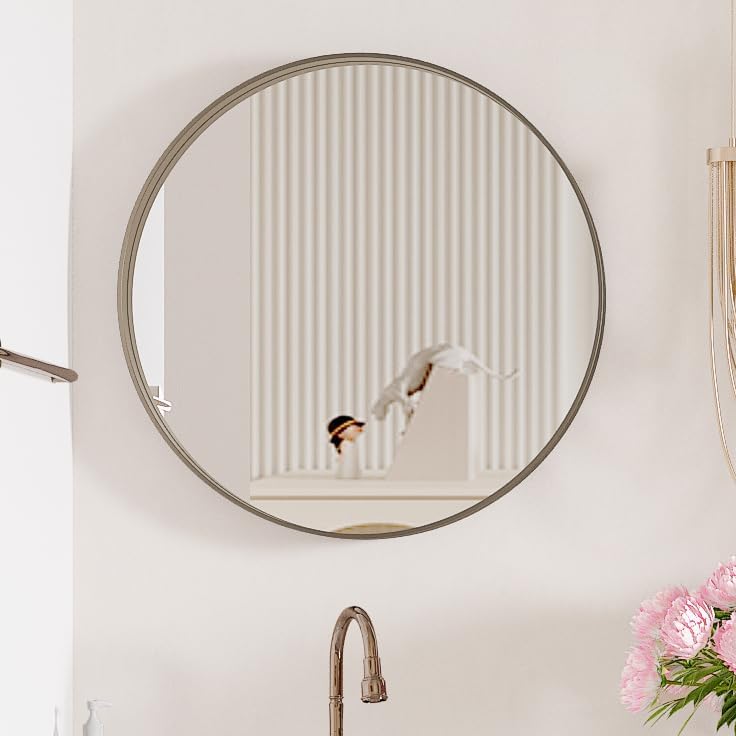 Miniatura 7 de Espejo redondo de 35 pulgadas para baño, espejo de pared con marco de aluminio para dormitorio, color marrón