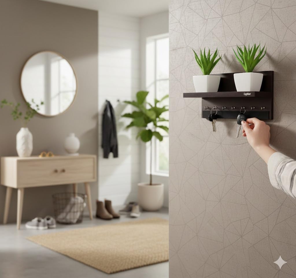 Captiver Engineered Wood Wall Mounted Key Holders with Decorative Display Shelf (7 Hooks, Wenge) Keys Chains Rings Mobile Keychain Office School Kitchen Organizer