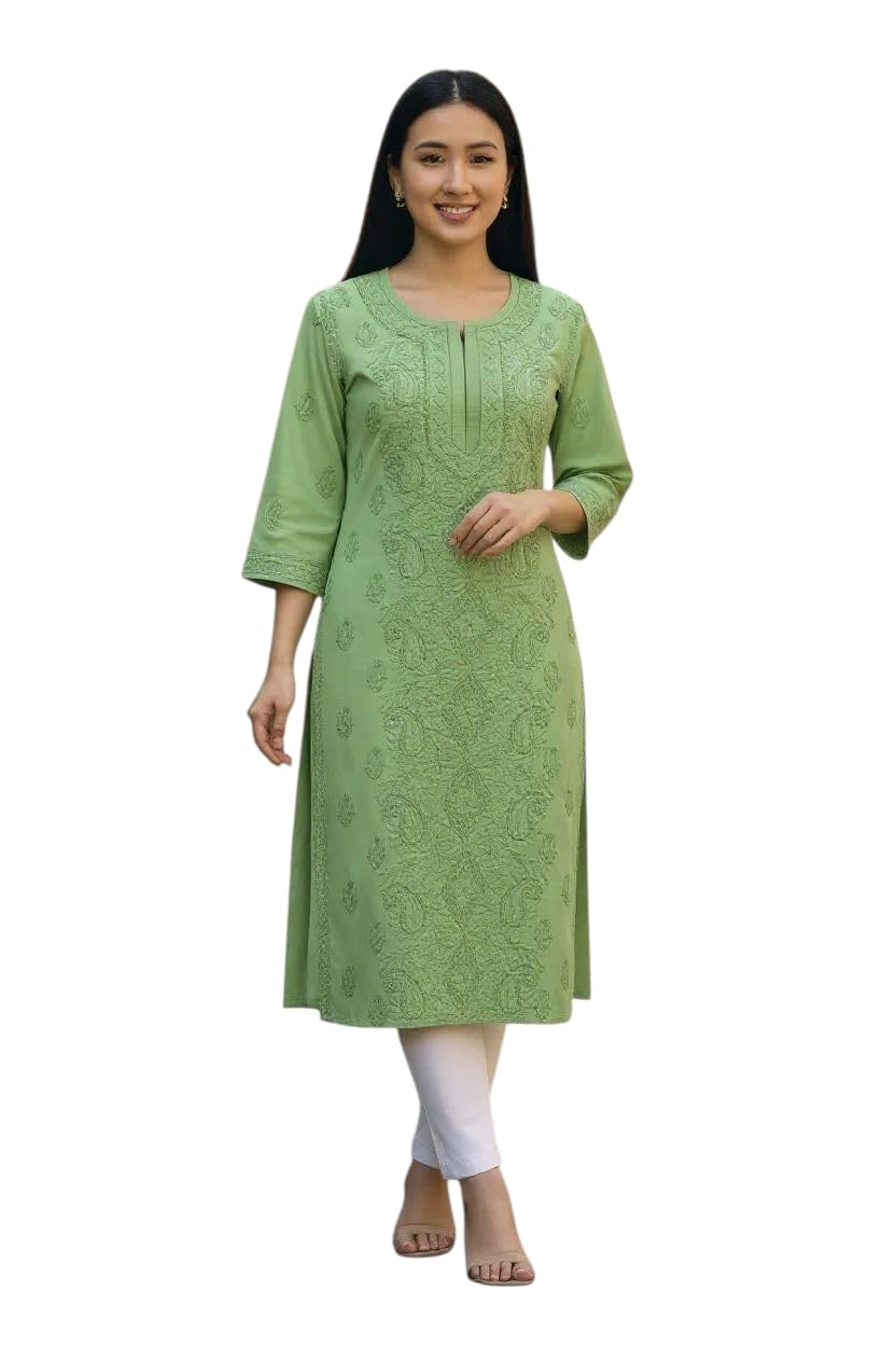 eddika women cotton teri voil hand embroidered chikankari kurta chest size 40 inches (L) Green-picture-46