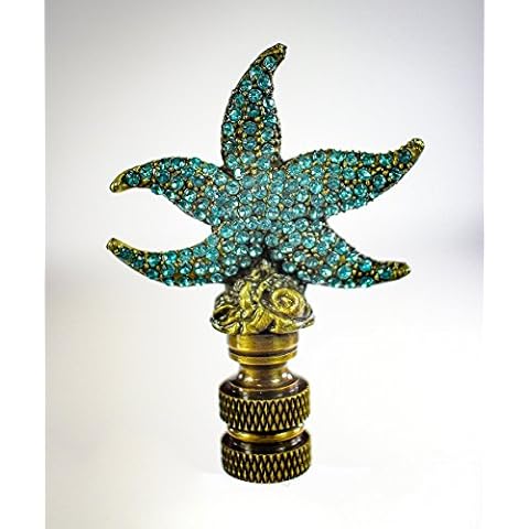 Starfish with Aagean Blue Glass Lamp Finial Antique Metal 2.25" h Cover