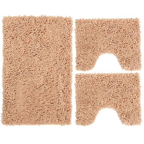 Poligono Set Tappeti Bagno 3 Pezzi in Microfibra, Tappeto Pelo Lungo 50x80 cm, 2 Tappetini per WC e Water Forma Rettangolare 40X50 cm, Morbido, Antiscivolo, Khaki