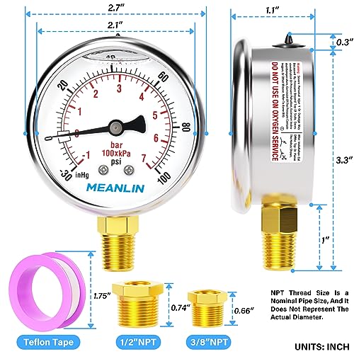 Image of MEANLIN MEASURE -30inHG~100Psi Stainless Steel 1 /4 inch NPT 2.5 inch FACE DIAL Vacuum Pressure Gauge, Lower Mount, with 1 /2 inch NPT and 3 /8 inch NPT Hex Bushing