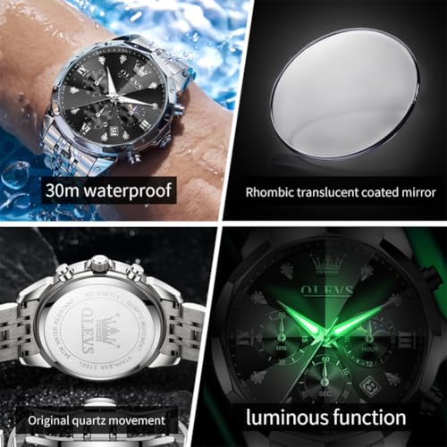 Image of OLEVS Watch for Men Luxury Gold Diamond Chronograph Business Wristwatch with Analog Quartz, Date Calendar, Stainless Steel Band, Luminous Hands, Waterproof