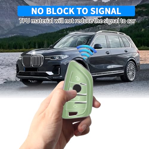 Image of QBUC for BMW Key Fob Cover with Leather Keychain | for BMW 2 5 6 7 Series X1 X2 X3 X5 X6 X7 Premium Soft TPU Key Fob Holder (1-Green)