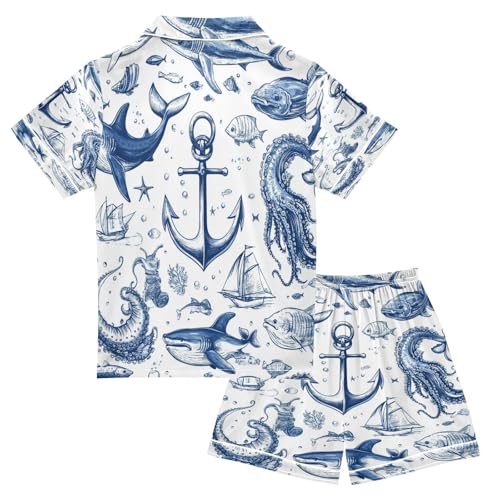 Satin Pajama Sets Short Sleeve Cartoon Marine Pattern Button Down Silky Nightwear 2 Piece PJS 5-14Y2