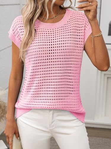 Image of Womens Crochet Cap Sleeve Sweater Summer Crew Neck Casual Hollow Out Knit Tops Pullover Trendy Beach Cover Ups Outfits