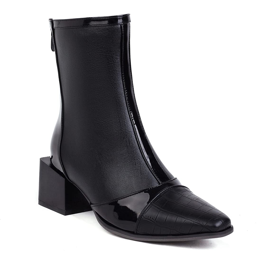 VOKLIN Womens Square Toe Classic Western Ankle Boots Back Zipper Chunky Block Mid Heel Dress Short Booties