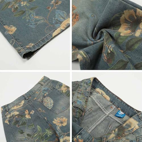 American Retro hot Girl Washed and Distressed Floral Denim Pants, Y2K Wide Leg Loose Jeans4