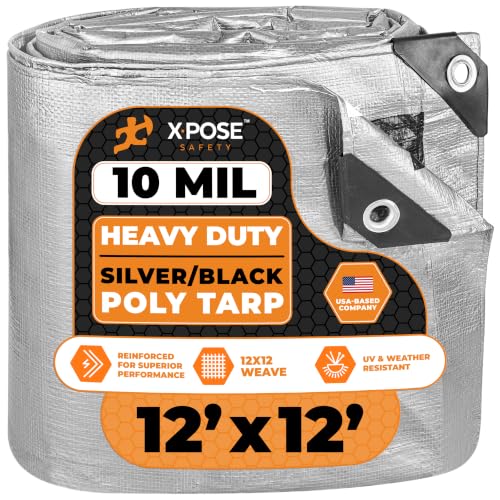 Image of Heavy Duty Poly Tarp - 12' X 12' -10 Mil Thick Waterproof, UV Blocking Protective Cover - Reversible Silver and Black - Laminated Coating - Grommets - by Xpose Safety