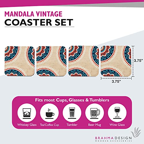 Image of Wooden Coaster Set with Gift Box | Mandala Vintage Design | Set of 4 Tabletop Square Coasters 3.75 inch x 3.75 inch | Kitchen Table Wooden Decorative Items | for Cups, Mugs, Cans, Glasses
