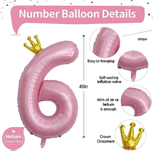 Image of Large Number 6 Balloons, Light Pink 40 Inch Foil Number Balloon for Women, Crown Pearl Pink Self Inflating 0-9 Set Balloons for Girls 6th Birthday Party Decor Anniversary Party Decorations Supplies
