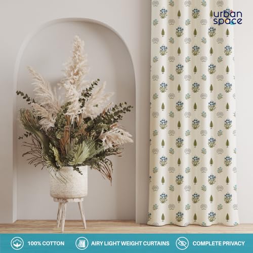 Image of Urban Space 100% Cotton Curtains for Window, 60-65% Light-Filtering Curtains 5 Feet Long Set of 2 with Eyelets and Tieback (Calico Blue, Window-5 Feet X 4 Feet)
