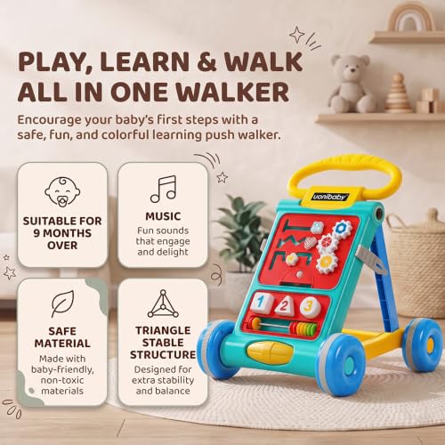 Image of Uonibaby Baby Push Walker, Musical Push Walker for 9 Months+, Toodler Walking Toy for 1 to 2 Years, Interactive Activity Panel with Gears, Shapes, Numbers & Beads, Sturdy Handle & Large Wheels