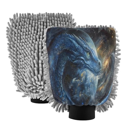 ALAZA Blue Dragon Galaxy Car Wash Mitt Scratch Free, 2 Pack Absorbent Microfiber/Chenille Washing & Drying Mitts, M