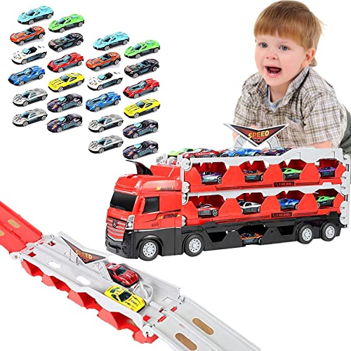 Fulenyi Jouet de Camion de Transport,Tracteur Porteur avec Chenille de catapulte Pliante | Déformation de Piste de Course de Stockage Pliante de Grand Camion, Camion de Jouet de Transporteur de