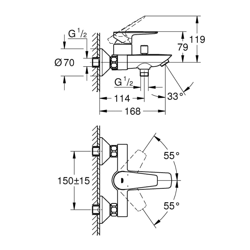 GROHE Start Edge – Grifo monomando de bañera visto con inversor automático (pared, cartucho cerámico 35 mm, válvula antirretorno, caño con aireador mousseur), Negro Mate, 241982431