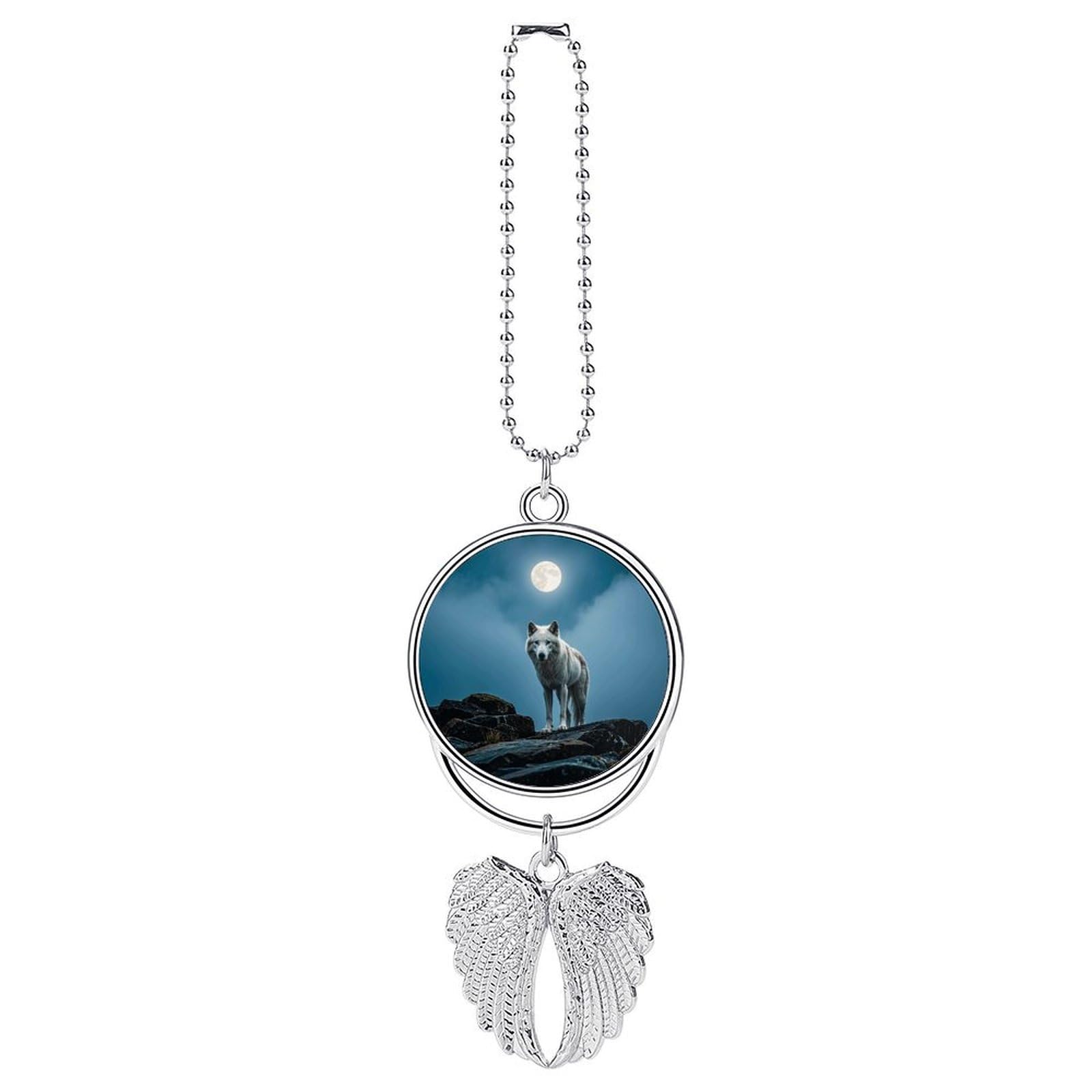 The White Wolf on The Rock Car Charm, Alloy Rear View Mirror Pendant, Bling Funny Car Hanging Ornament Gift for Women Men, Car Pendant Lucky Auto Interior Decoration Accessories Silver-Style