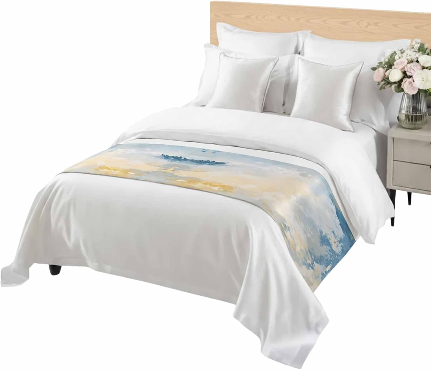 Blue Yellow Bed Runner Scarf Cal King Size, Modern Vintage Oil Painting Abstract Bed Throw Runners & Scarves for Twin Full Queen King Foot of Beds, Bedroom Hotel Wedding Room Decoration, 102"x20"