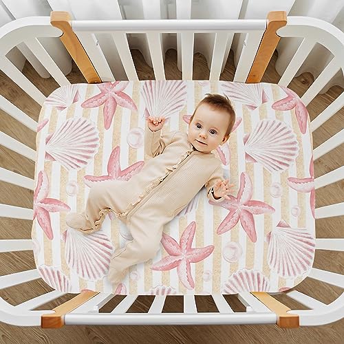 Image of Fitted Crib Sheets Vintage Seashells and Starfish Stretchy Portable Playard Sheets for Baby Toddler, Breathable Soft Mini Crib Mattress 39 x 27 in for Boys and Girls
