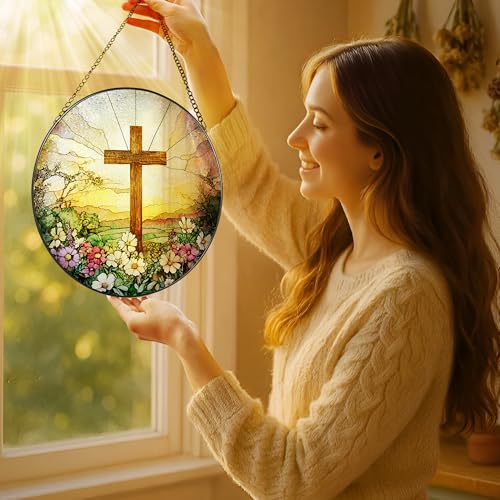 image for LAOWEIKI 8 Inch Stained Glass Cross and Wildflowers Suncatcher Christi