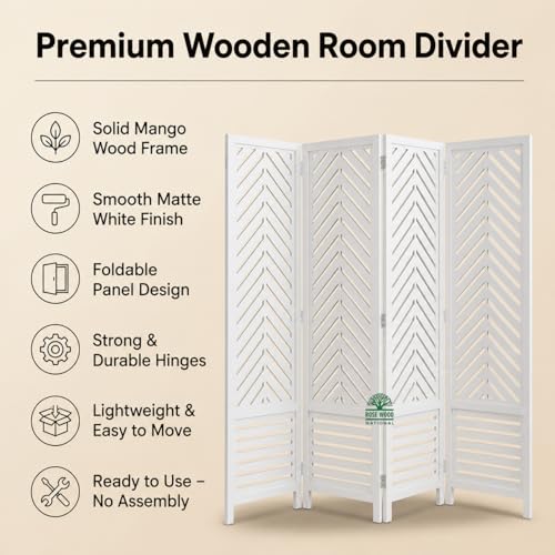 Image of Wooden Room Divider 6 Feet, 4-Panel Folding Wooden Partition for Living Room, Office, Pooja Room, Restaurant, Kitchen & Balcony (2W x 1.82H Meters). (White-Cone Pattern)