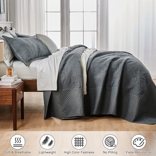 Qucover Oversized King Quilt 120x120, 3 Piece California King Size Bedspread, Soft Microfiber Lightweight Coverlet, Ultrasonic Quilting Vintage Pattern, Dark Grey