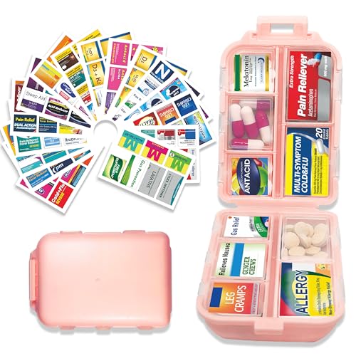 Image of Large Pill Organizer with 146 Medicine Labels, Pink Travel Pill Case | Large 10-compartment pill case with 146 labels for vitamins, supplements, daily meds, 7-day planning, work, travel, and home