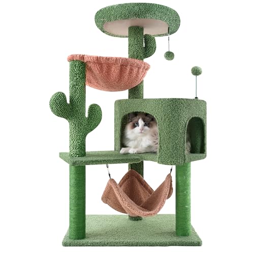 ROYPET キャットタワー 猫タワー 据え置き ハンモック 隠れ家 猫ハウス 省スペース 爪とぎ 全麻縄巻き 100CM高さ おもちゃつき (グリーン)