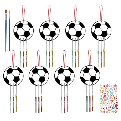 67-teilige Stickbilder für Kinder, Windspiel Basteln, Fußball-Windspiel Bastelset mit 8 Holzstücken, 24 Klöckchen, 24 Silbernen Drähten, 8 Bunten Schnüren, 2 Pinseln, 1 Aufkleber, Kreative DIY-Aktivit
