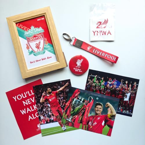 Image of TenorArts Liverpool Gift Box Merchandise for Fans - 5x7 Inches Photo Frame,1 Keychain, 1 Badge, 4 4x6 inches Sized Posters, Football Stickers - 5 items in 1 Box | Perfect for Gifting Football Fans