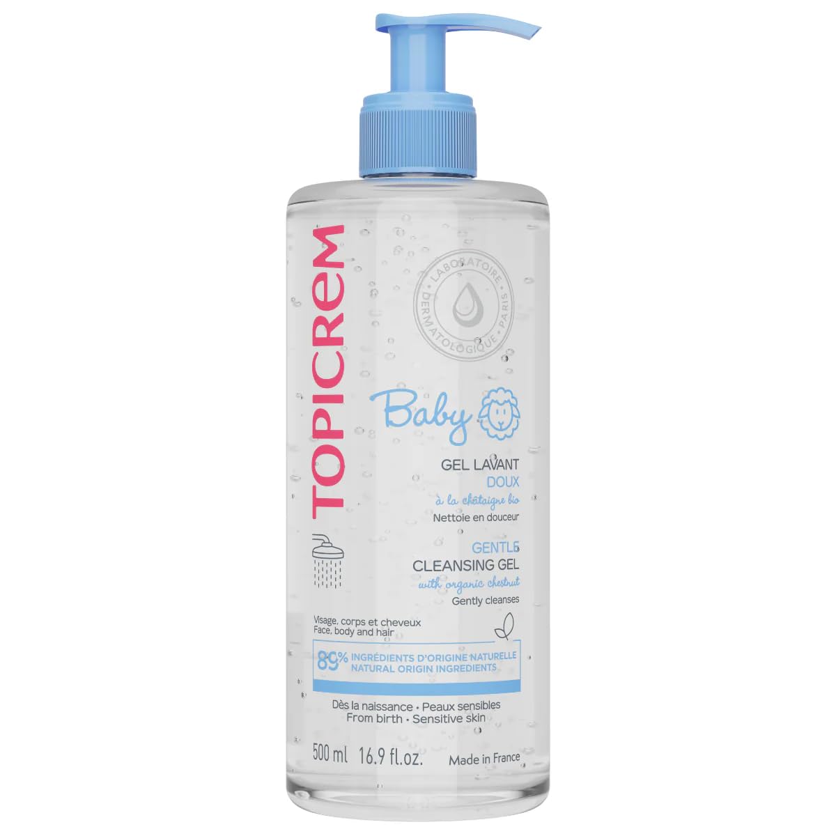Topicrem - Baby, gel suave para el cuerpo, cara, cabello, limpia con suavidad, protege y hidrata 8 horas. Gel limpiador de bebé sin jabón, perfume delicado, piel sensible, fabricación francesa – 500