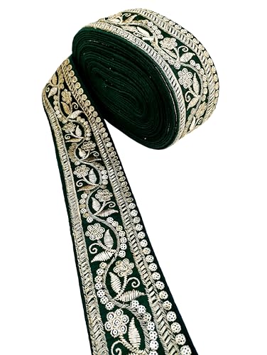 Image of Embroidery Gold Work with Sequence Design Lace Border Falls for Saree, Kurti, Dresses, Bandhani, Lehenga, Decorative Ribbon (6.5 cm Width) (6 Meter, Green)