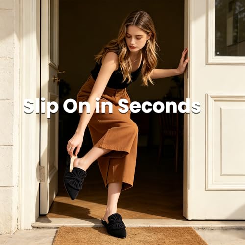 Image of MUSSHOE Pointed Toe Women's Bow Mules: Slip On Backless Loafers - Dressy Casual Flat Shoes for Office Work & Everyday Wear