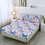 SDIII Colorful Butterfly Queen Fitted Sheet with 2 Pillowcases, Not Including Flat Sheet, Soft Microfiber Cute Fitted Sheets for Kids Boys Girls Teens