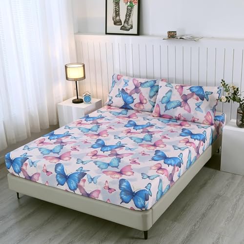 SDIII Colorful Butterfly Full Fitted Sheet with 2 Pillowcases, Deep Pocket Soft Microfiber Butterfly Bed Sheet Full Size for Kids