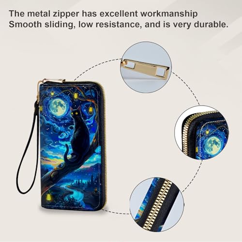 Women's Card Holder Wristlet Wallet, Convenient Travel Long Wallet with Strap and Pink Compact Mirror, Fashion and Sturdy Wristlet Long Purse for Women, Starry Night Cat4