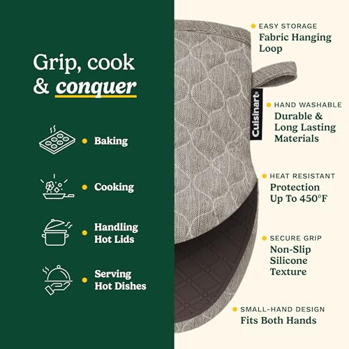 Image of Cuisinart ShieldPro Mini Silicone Oven Mitts, 2-Pack 5.5 inchx8.5 inch, 450F | Non-slip grip on hot cookware, hangs neatly by the stove, cotton lining adds comfort,ambidextrous for smaller hands