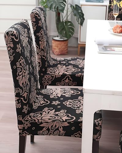 Image of Stretchable Dining Chair Cover - Washable, Removable, Anti-Slip, Protector, Universal Fit (Set of 2, Coffee Baroque Floral)