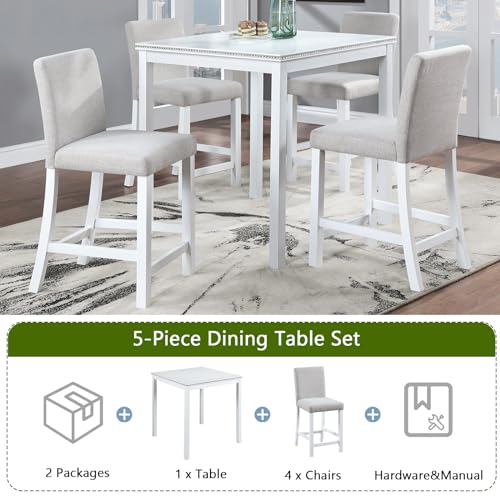 Image of KEIKI 5-Piece Counter Height Dining Table Set with Square Table and 4 Upholstered Chair, for 4 Person, Modern Style Crystal Decoration Wooden Table Set, Easy Assembly, for Kitchen, Dining Room,White