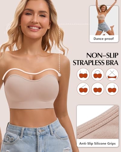 Image of Strapless Bra for Women Bandeau Bras Seamless Wireless Padded Tube Top T Shirt Bra