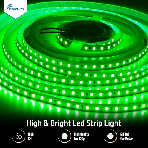 Image of Forus 5 Meter (5M) 8mm Green LED Strip Light, 120 LEDs /M Plug & Play Flexible Lighting for Home Decor, False Ceiling, Pooja Room, Living Room, Kitchen, Mirror, Stairs, 2-Year Warranty