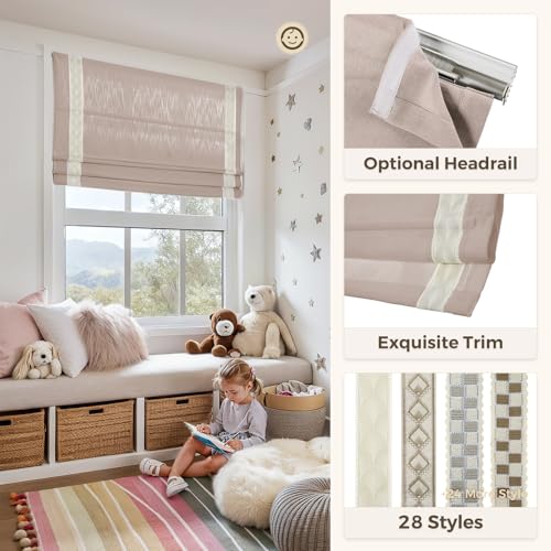 Image of TWOPAGES Isabella No Drill Cordless Roman Shade Linen Textured Cotton Roman Blind for Windows, Custom Made Room Darkening Blackout Roman Window Shade, Hardware Included, Pink, 1 Piece