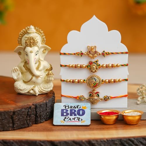 Image of eCraftIndia Set of 4 Designer Rakhi with Lord Ganesha Showpiece & Best Bro Ever Fridge Magnet | Premium Raksha Bandhan Gift Set for Brother | Roli Chawal