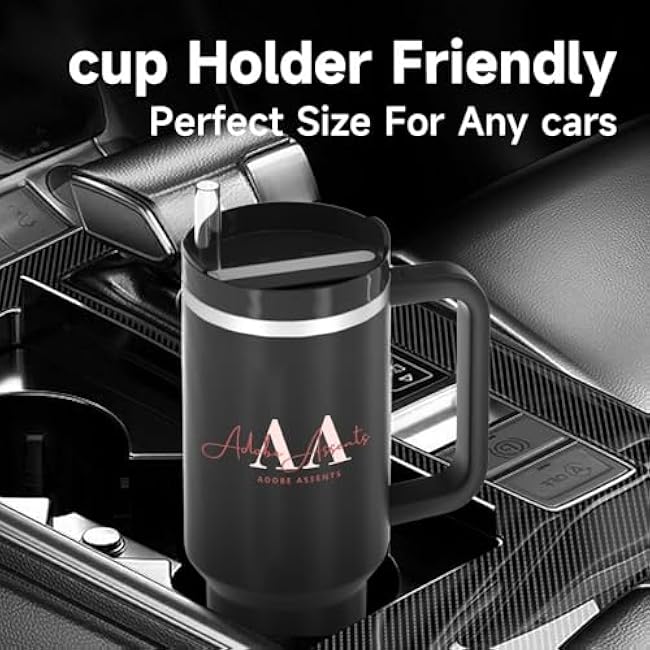 40oz Tumbler with Handle Straw Lid, Stainless Steel Vacuum Insulated Reusable Coffee Cup Keep Cold Gym Travel Mug for Iced, Gifts for Women Men Lovers, Car Holder Friendly, Black