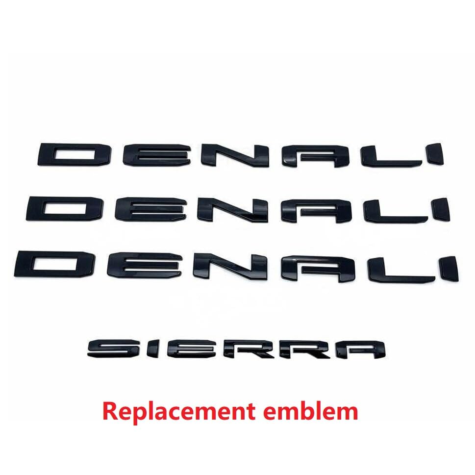 Image of 4pack Set 2019+ Emblems Two Door Denali Plus Tailgate Denali Sierra Letters Badge 3D Replacement for Sierra 1500 Denali 86532074 (All Gloss Black)