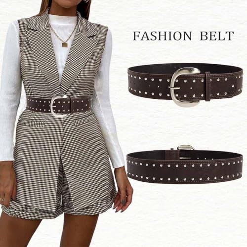 Women Punk Studded Leather Belt Rock Rivet Wide Belt for Dress Pants Cowgirl Thick Belts Metal Buckle Chunky Belts4